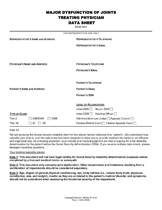 Joint Dysfunction Treating Physician Data Sheet Joint Dysfunction Treating Physician Data Sheet
